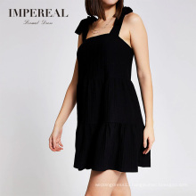 Black Square Neck Tie Sleeve Lady Plus Size Summer Casual Dresses Sexy